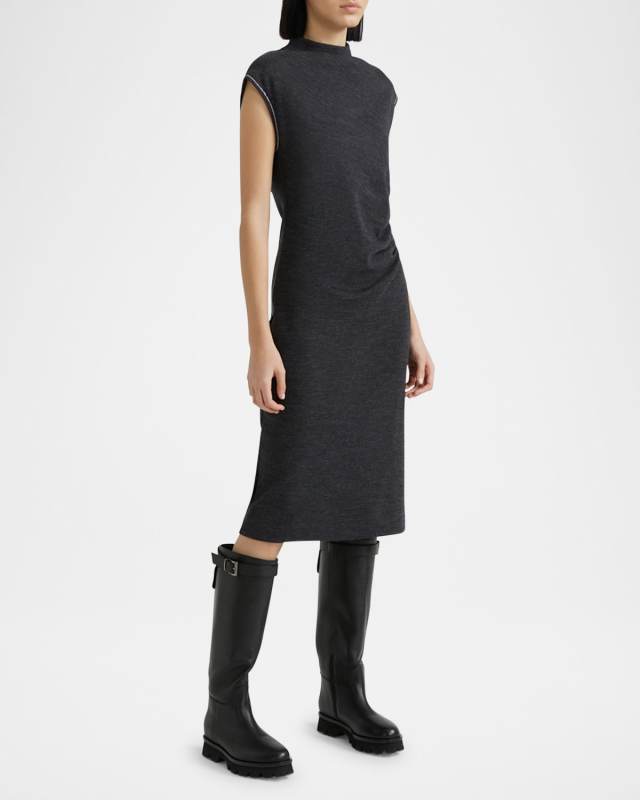 Pleated Mock-Neck Midi Dress